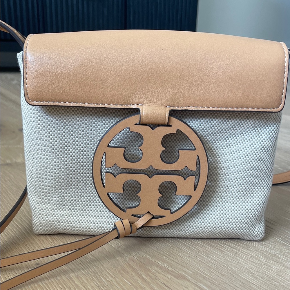Tory Burch Beige Canvas and Tan Leather Crossbody Bag - Picture 2 of 4